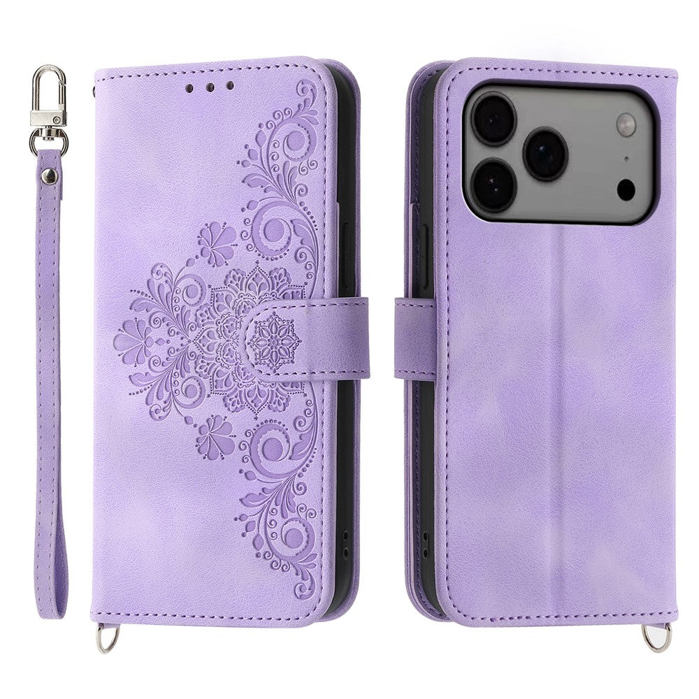 For iPhone 17 Pro Max Case Flower Pattern PU Leather Wallet Phone Cover with Strap - Light Purple