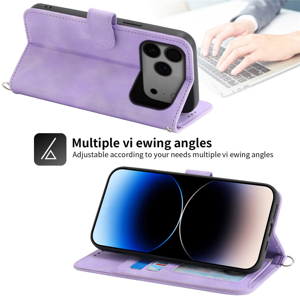 For iPhone 17 Pro Max Case Flower Pattern PU Leather Wallet Phone Cover with Strap - Light Purple