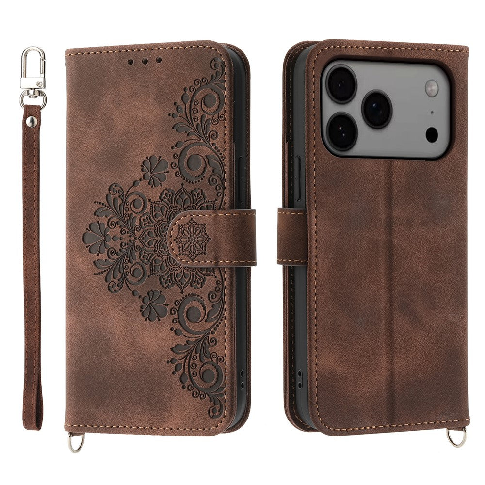 For iPhone 17 Pro Max Case Flower Pattern PU Leather Wallet Phone Cover with Strap - Brown