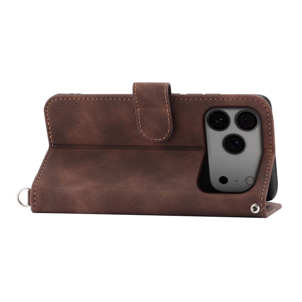 For iPhone 17 Pro Max Case Flower Pattern PU Leather Wallet Phone Cover with Strap - Brown