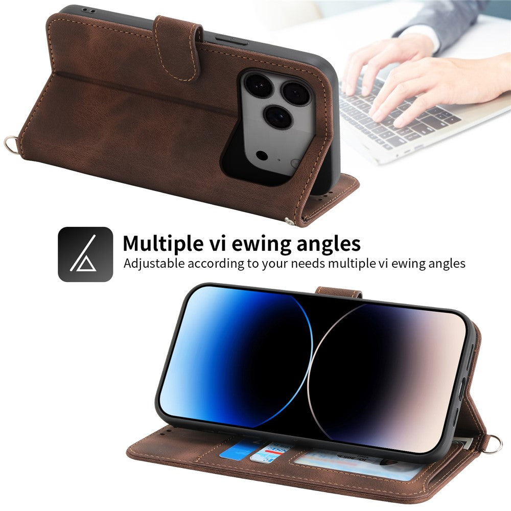 For iPhone 17 Pro Max Case Flower Pattern PU Leather Wallet Phone Cover with Strap - Brown