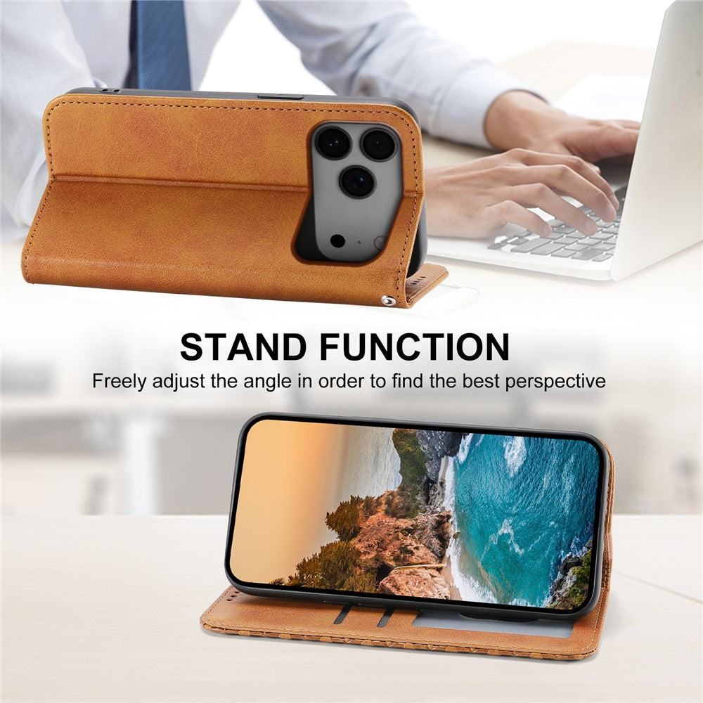 For iPhone 17 Pro Max Case Calf Texture PU Leather Wallet Phone Cover with Wrist Strap - Yellow