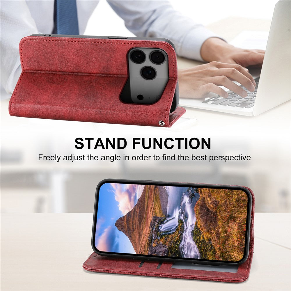For iPhone 17 Pro Max Case Calf Texture PU Leather Wallet Phone Cover with Wrist Strap - Red