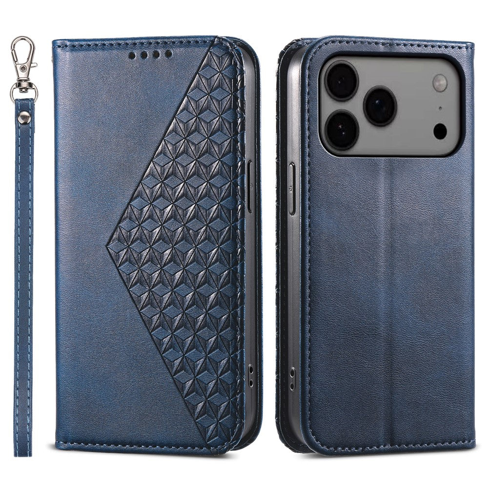 For iPhone 17 Pro Max Case Calf Texture PU Leather Wallet Phone Cover with Wrist Strap - Blue