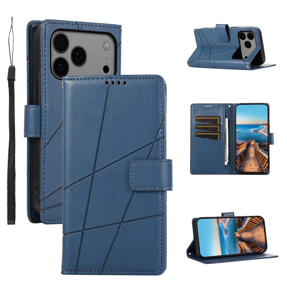 For iPhone 17 Pro Max Phone Case Line Imprint Leather Wallet Cover with Wrist Strap - Blue
