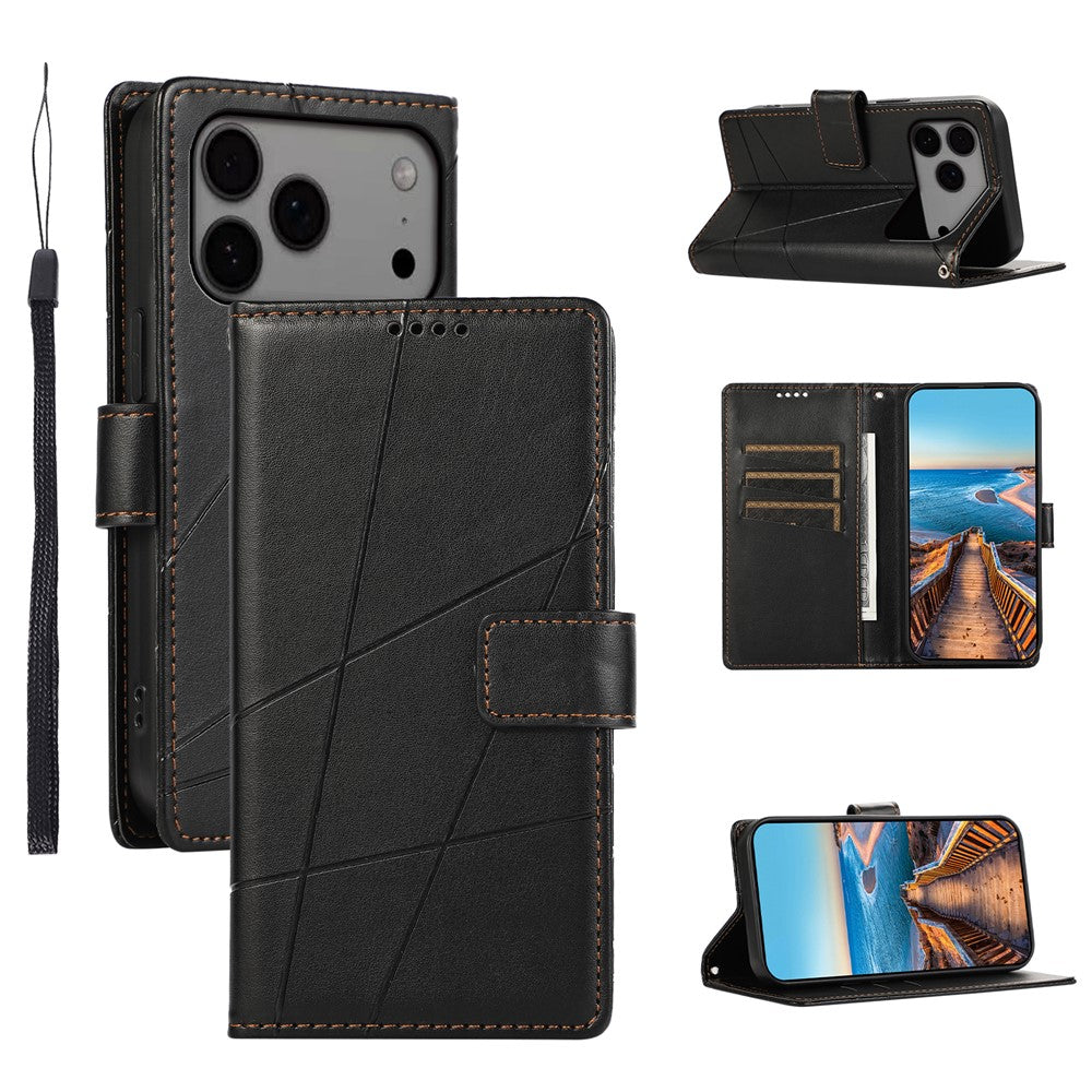 For iPhone 17 Pro Max Phone Case Line Imprint Leather Wallet Cover with Wrist Strap - Black
