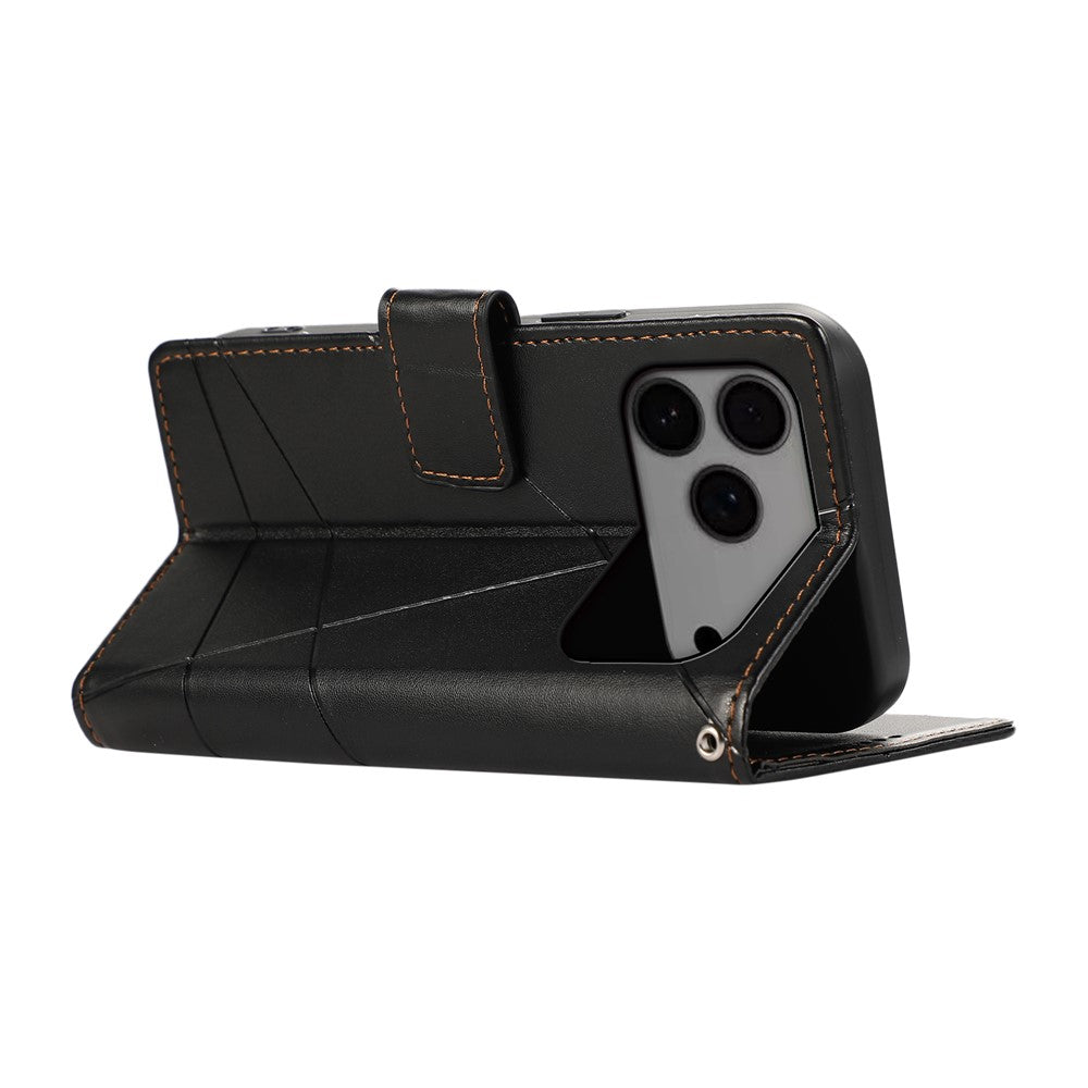 For iPhone 17 Pro Max Phone Case Line Imprint Leather Wallet Cover with Wrist Strap - Black