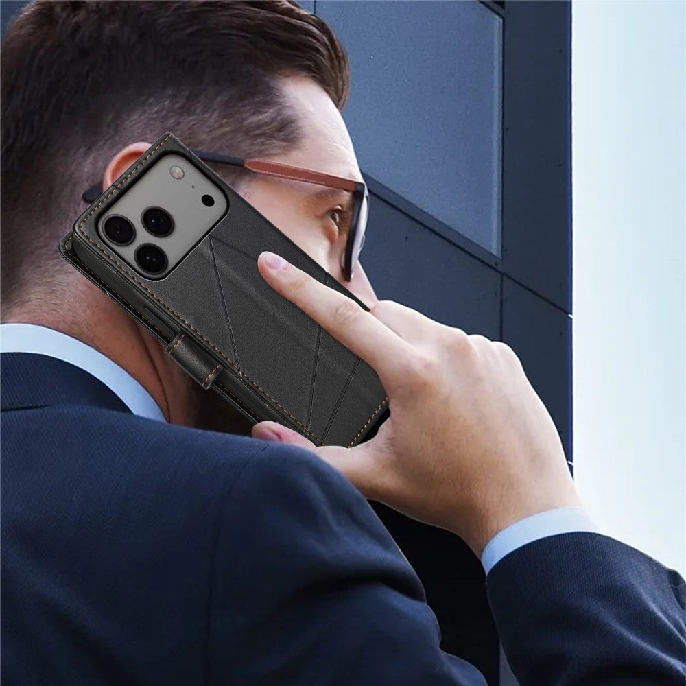 For iPhone 17 Pro Max Phone Case Line Imprint Leather Wallet Cover with Wrist Strap - Black