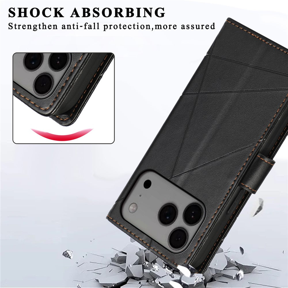 For iPhone 17 Pro Max Phone Case Line Imprint Leather Wallet Cover with Wrist Strap - Black