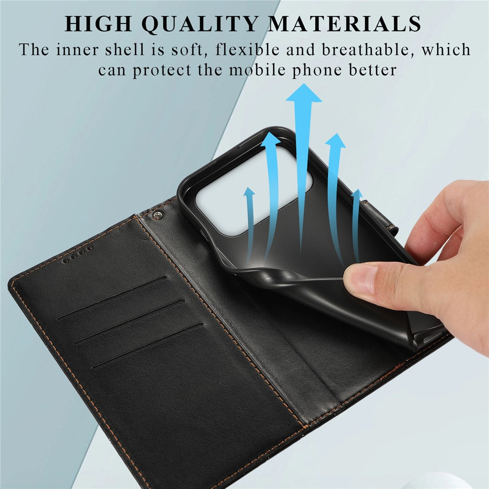 For iPhone 17 Pro Max Phone Case Line Imprint Leather Wallet Cover with Wrist Strap - Black