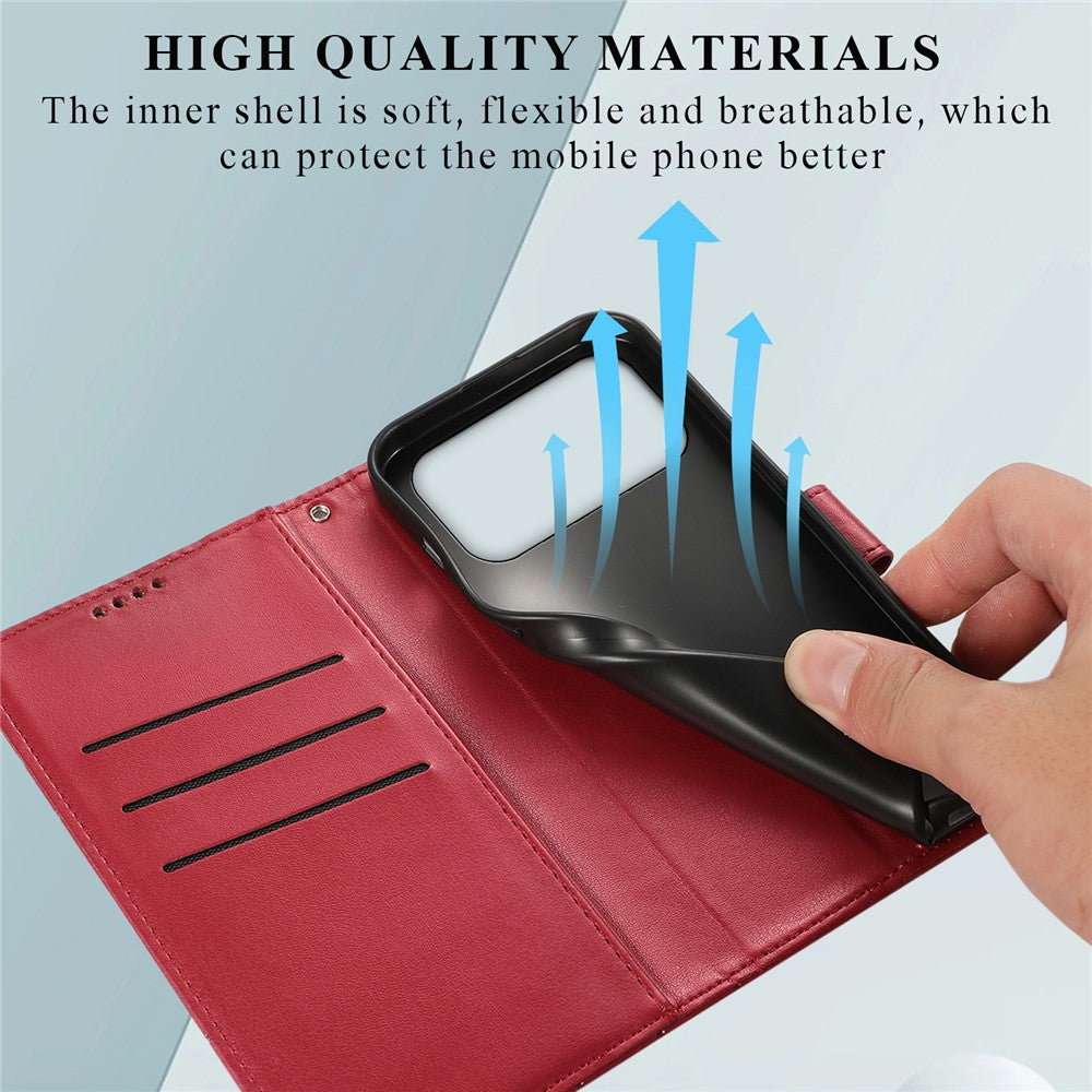 For iPhone 17 Pro Max Phone Case Line Imprint Leather Wallet Cover with Wrist Strap - Red