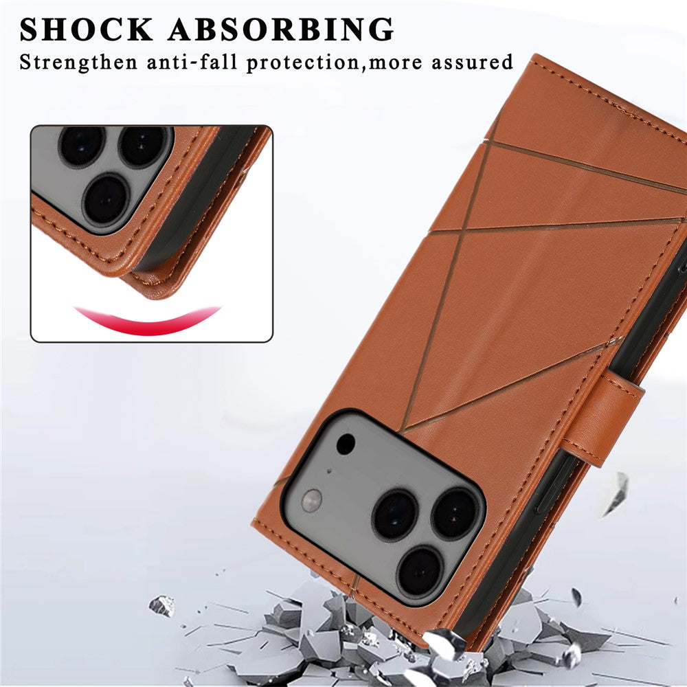 For iPhone 17 Pro Max Phone Case Line Imprint Leather Wallet Cover with Wrist Strap - Brown