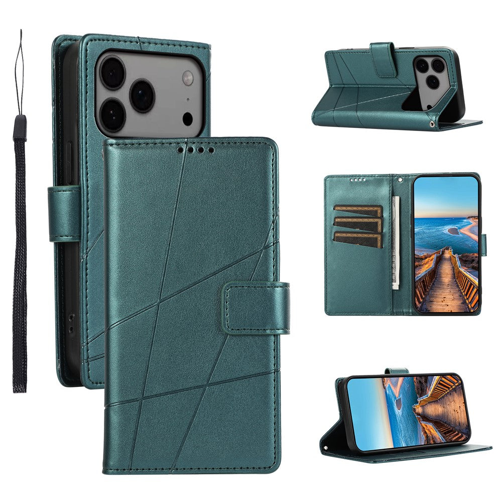 For iPhone 17 Pro Max Phone Case Line Imprint Leather Wallet Cover with Wrist Strap - Green