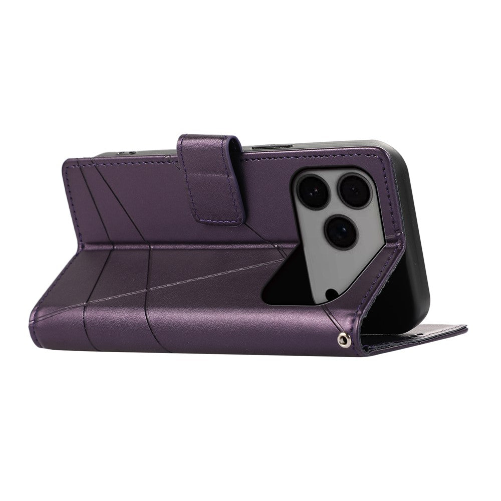 For iPhone 17 Pro Max Phone Case Line Imprint Leather Wallet Cover with Wrist Strap - Purple