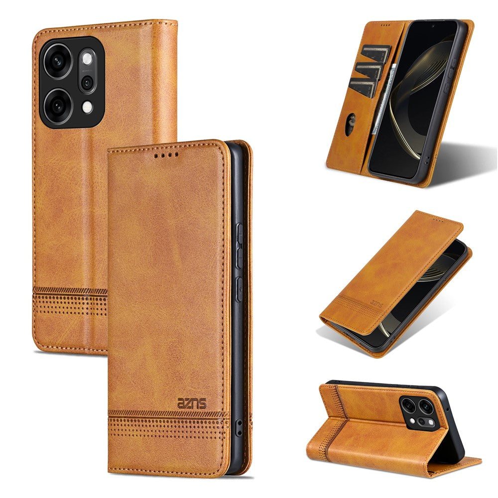 AZNS For Oppo Reno14 Pro 5G (Global) Case Cowhide Texture PU Leather Wallet Phone Cover - Brown