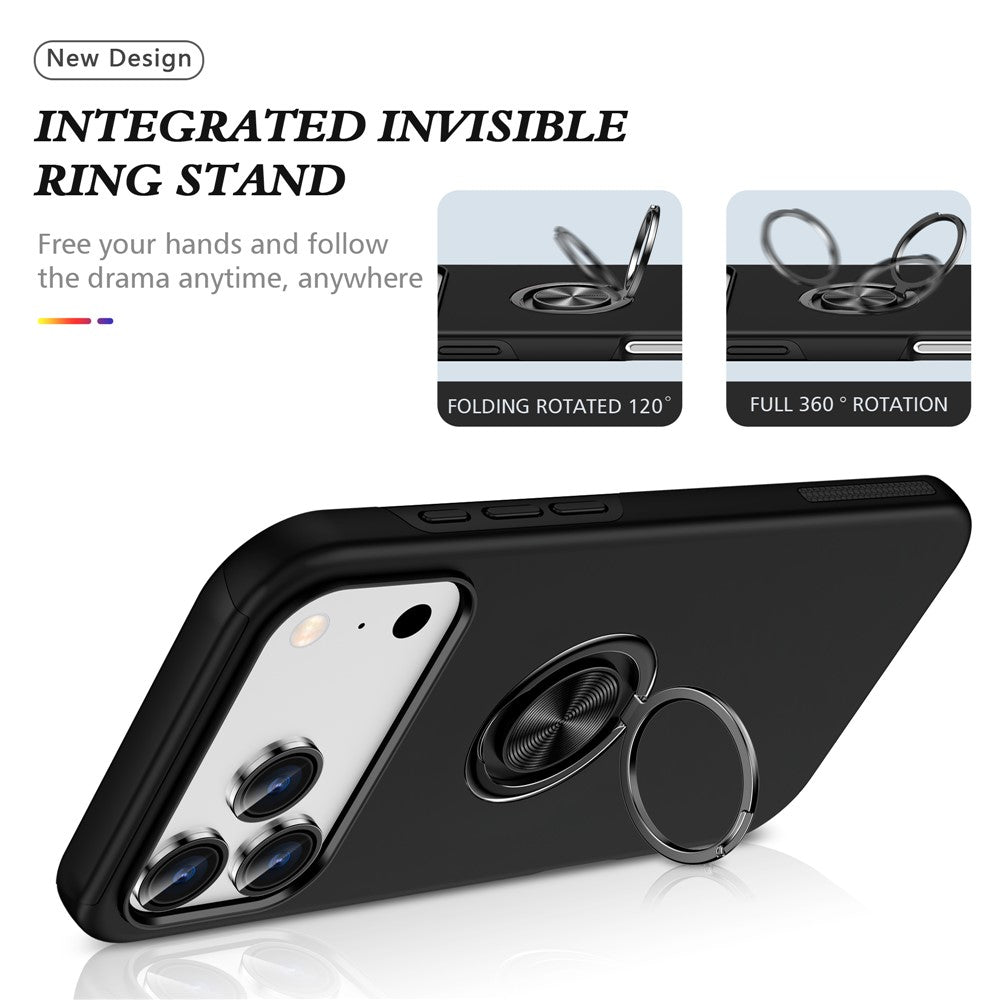 For iPhone 17 Pro Max Case PC + TPU Phone Cover with Rotatable Ring Holder - Black