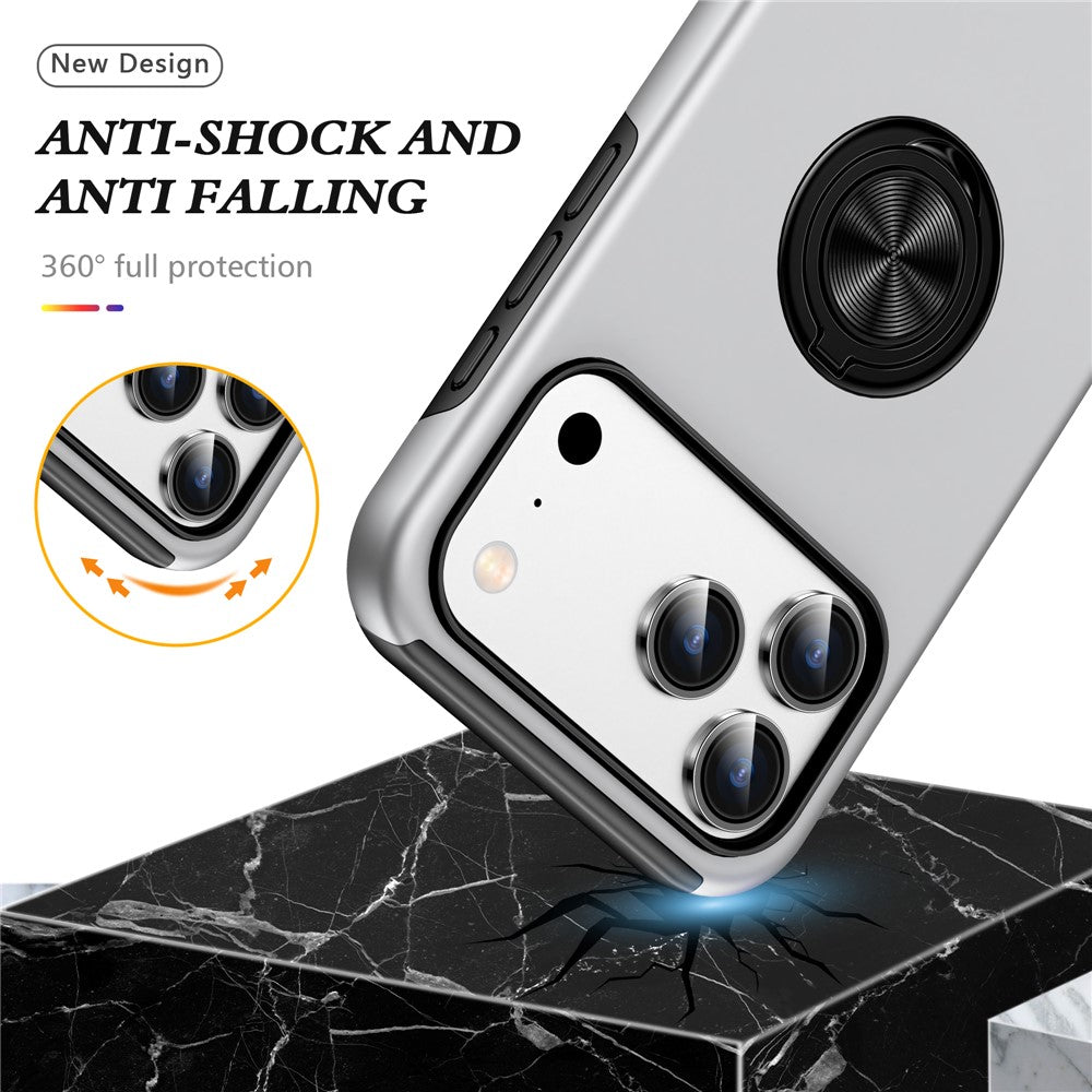 For iPhone 17 Pro Max Case PC + TPU Phone Cover with Rotatable Ring Holder - Silver