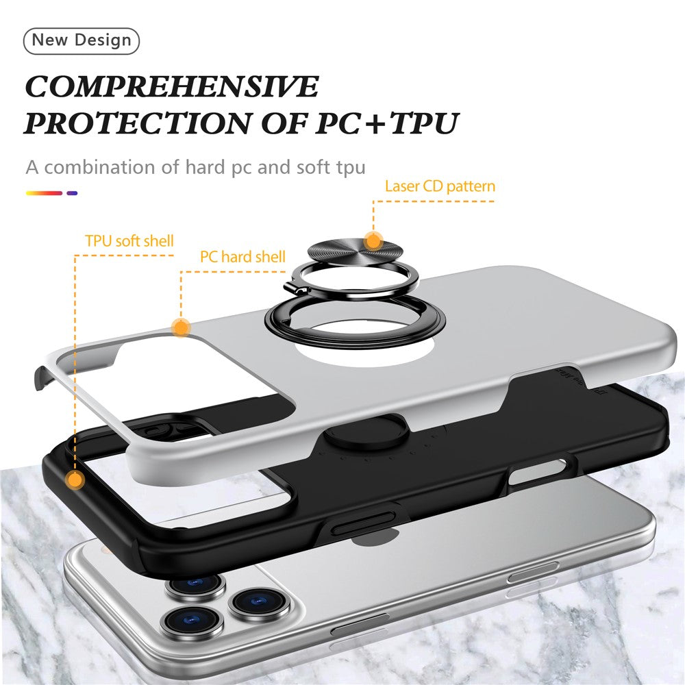 For iPhone 17 Pro Max Case PC + TPU Phone Cover with Rotatable Ring Holder - Silver