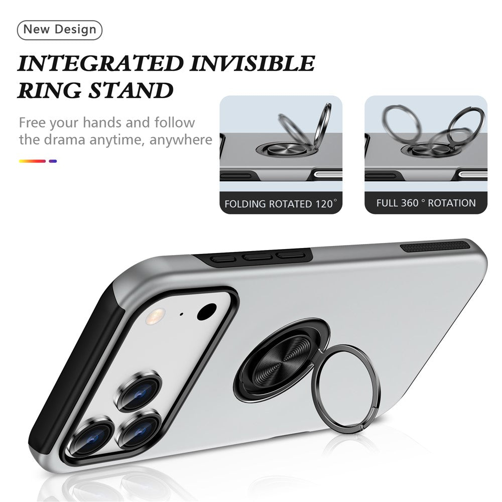 For iPhone 17 Pro Max Case PC + TPU Phone Cover with Rotatable Ring Holder - Silver