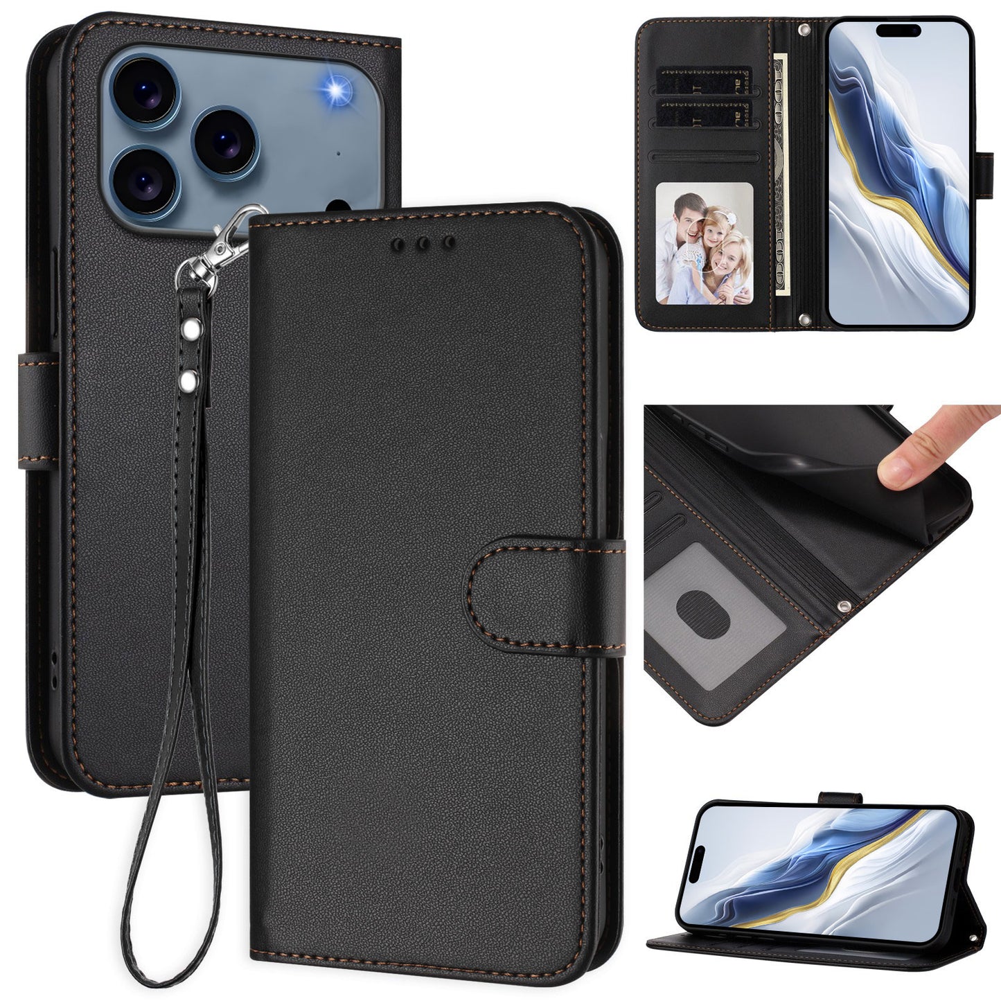 For iPhone 17 Pro Max Leather Case Wallet Stand Phone Cover with Wrist Strap - Black