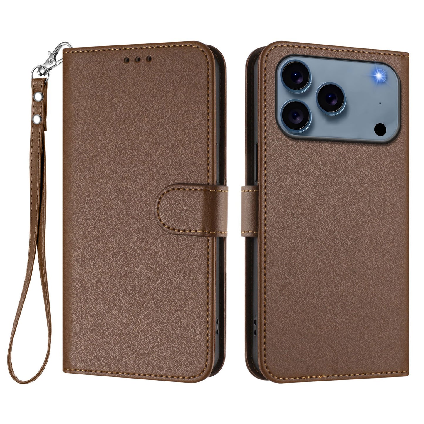 For iPhone 17 Pro Max Leather Case Wallet Stand Phone Cover with Wrist Strap - Brown