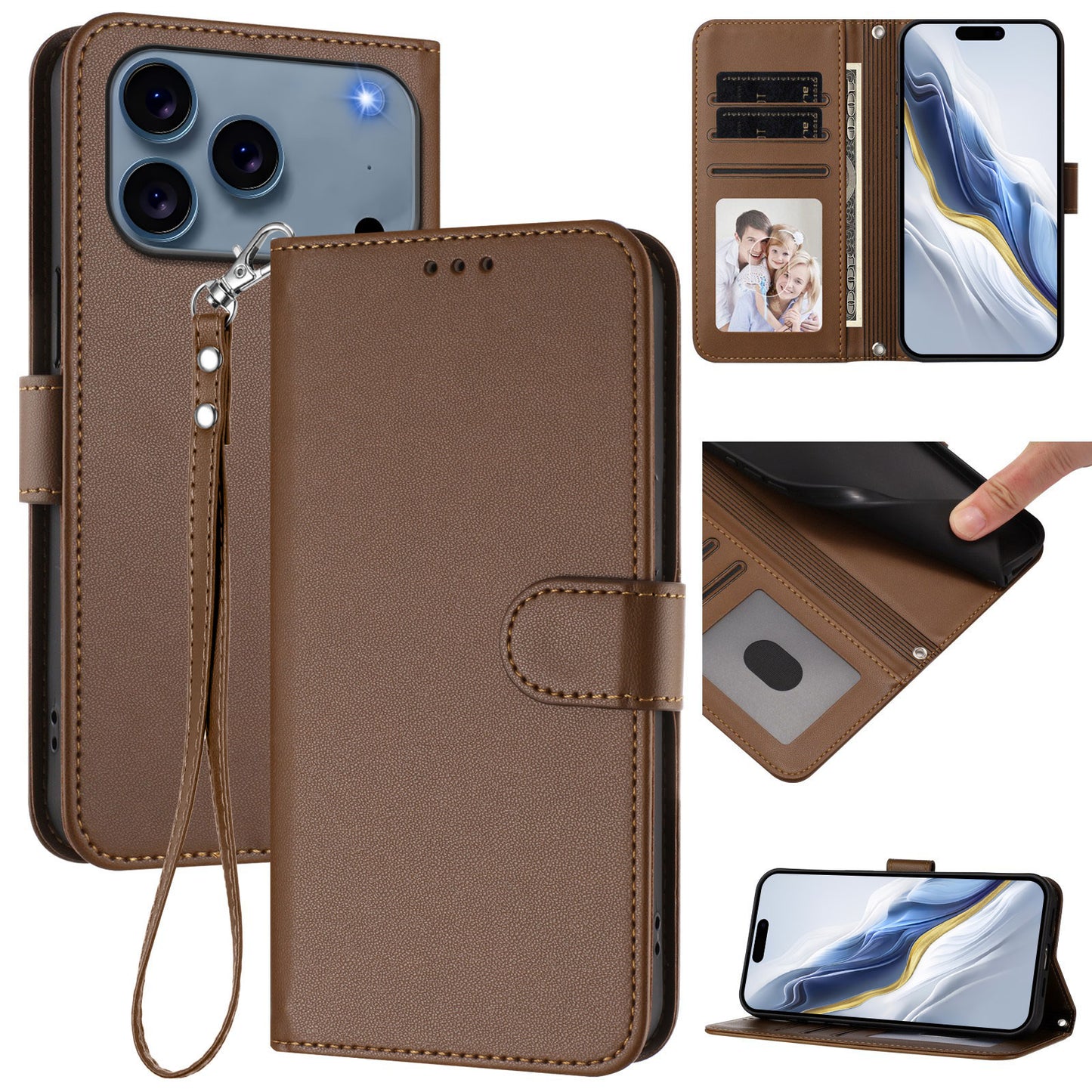 For iPhone 17 Pro Max Leather Case Wallet Stand Phone Cover with Wrist Strap - Brown