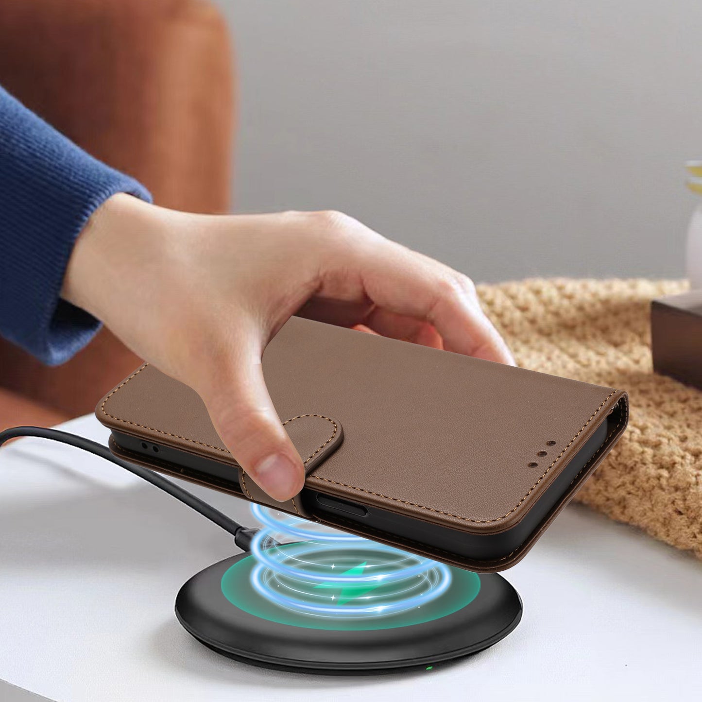 For iPhone 17 Pro Max Leather Case Wallet Stand Phone Cover with Wrist Strap - Brown