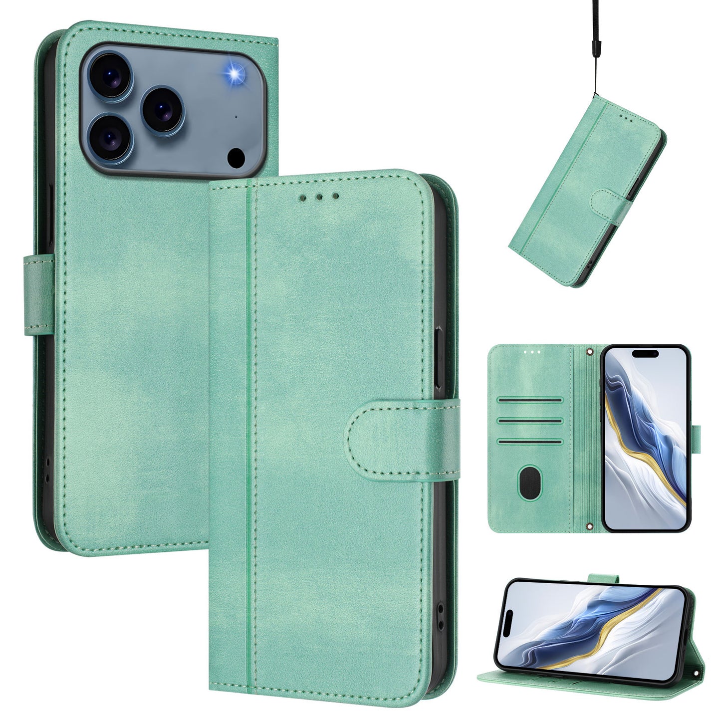 For iPhone 17 Pro Max Cases Wallet Stand Retro Texture Leather Phone Cover with Lanyard - Mint Green