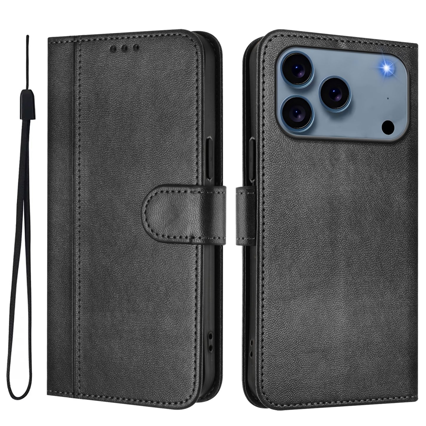 For iPhone 17 Pro Max Cases Wallet Stand Retro Texture Leather Phone Cover with Lanyard - Black