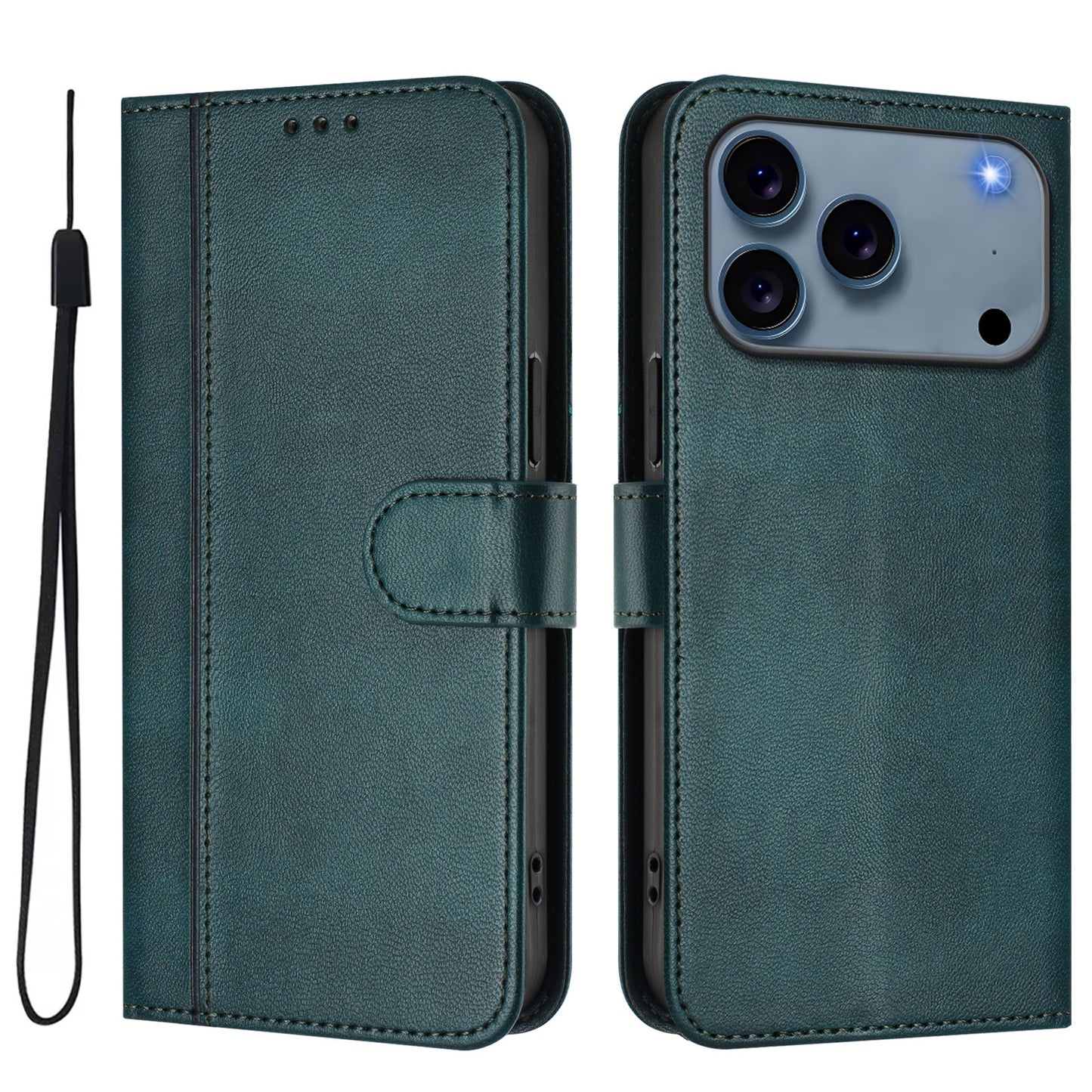 For iPhone 17 Pro Max Cases Wallet Stand Retro Texture Leather Phone Cover with Lanyard - Dark Green