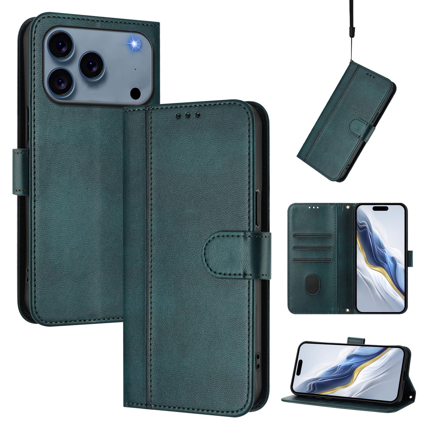 For iPhone 17 Pro Max Cases Wallet Stand Retro Texture Leather Phone Cover with Lanyard - Dark Green