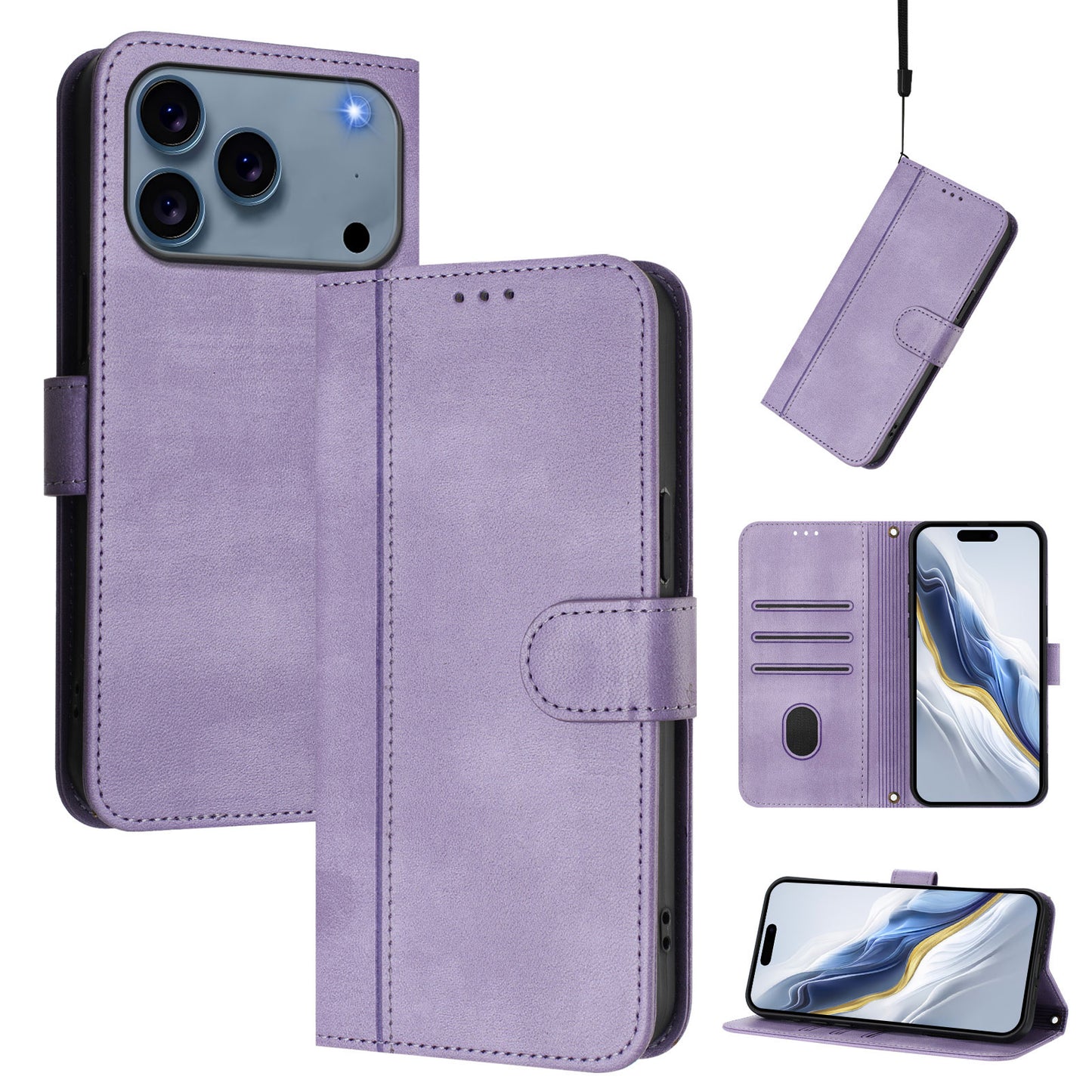 For iPhone 17 Pro Max Cases Wallet Stand Retro Texture Leather Phone Cover with Lanyard - Light Purple