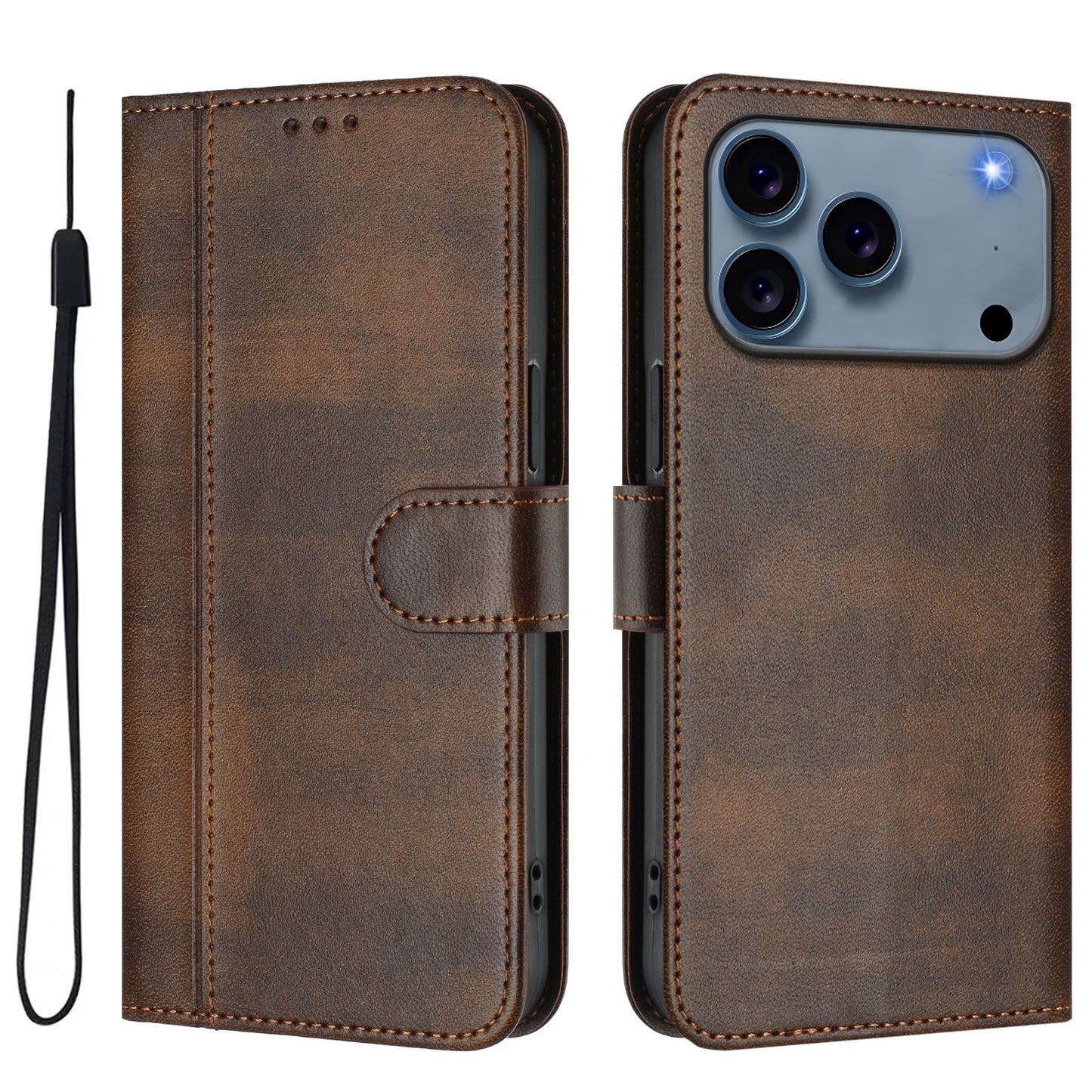 For iPhone 17 Pro Max Cases Wallet Stand Retro Texture Leather Phone Cover with Lanyard - Brown