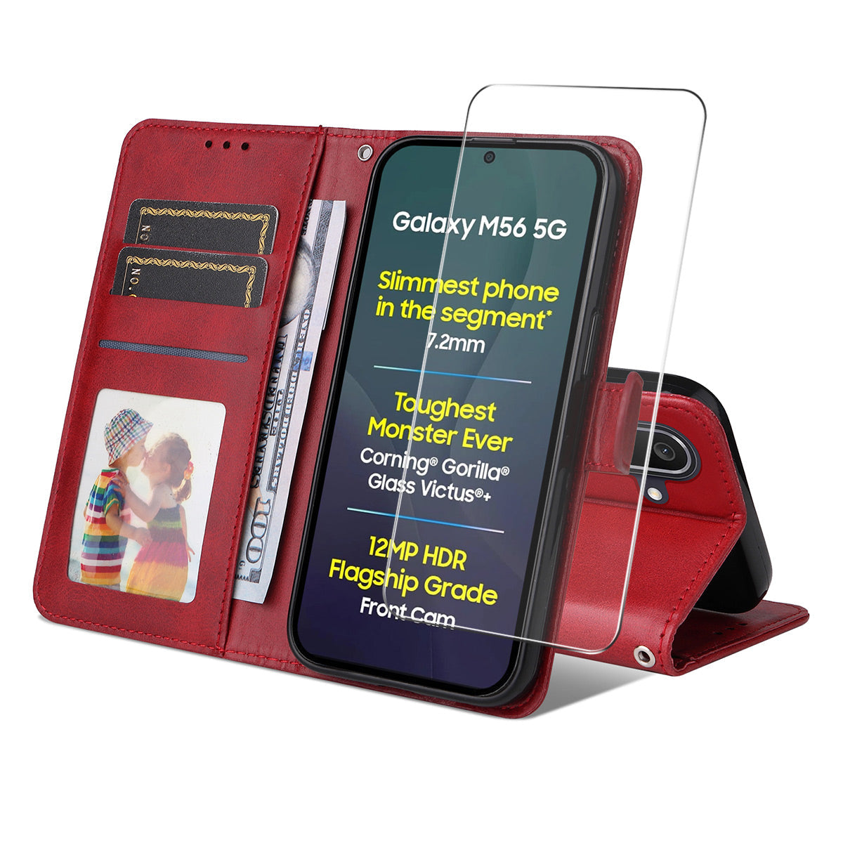 For Samsung Galaxy M56 5G PU Leather Wallet Case ENKAY HAT PRINCE Phone Stand Cover with Tempered Glass - Red