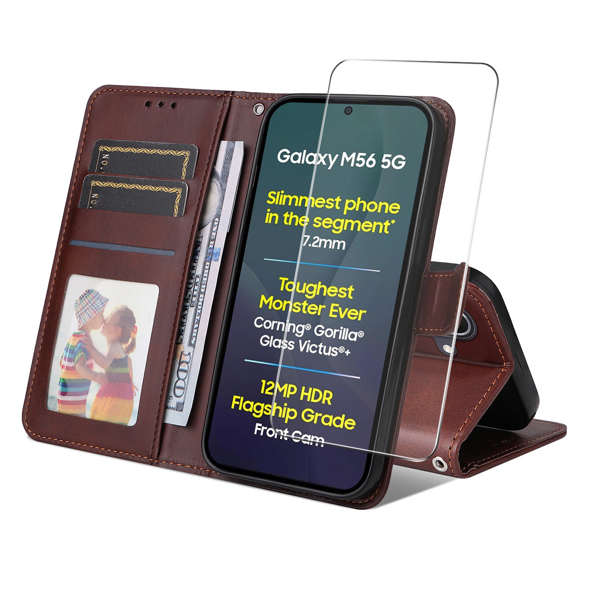For Samsung Galaxy M56 5G PU Leather Wallet Case ENKAY HAT PRINCE Phone Stand Cover with Tempered Glass - Brown