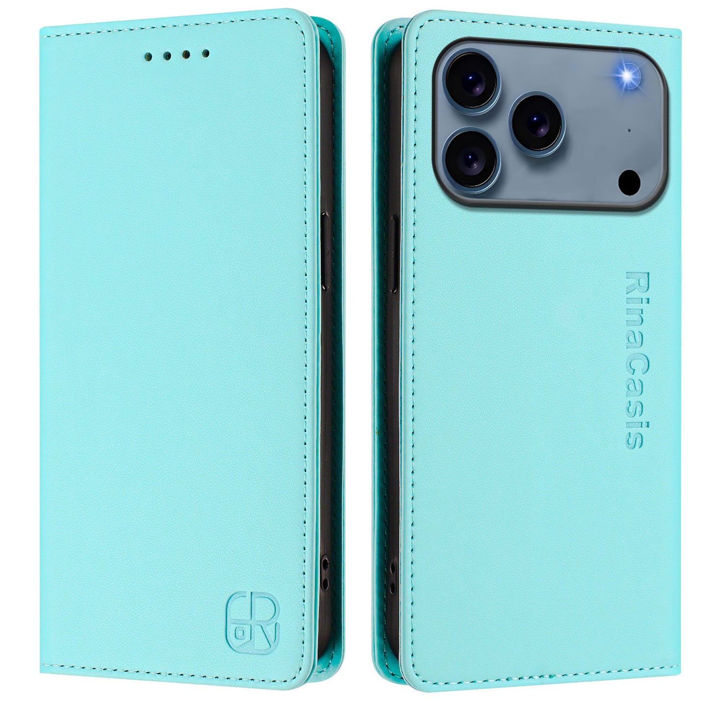 For iPhone 17 Pro Max Leather Case RINACASIS RC01 Phone Cover with RFID Blocking Wallet Stand - Mint Green