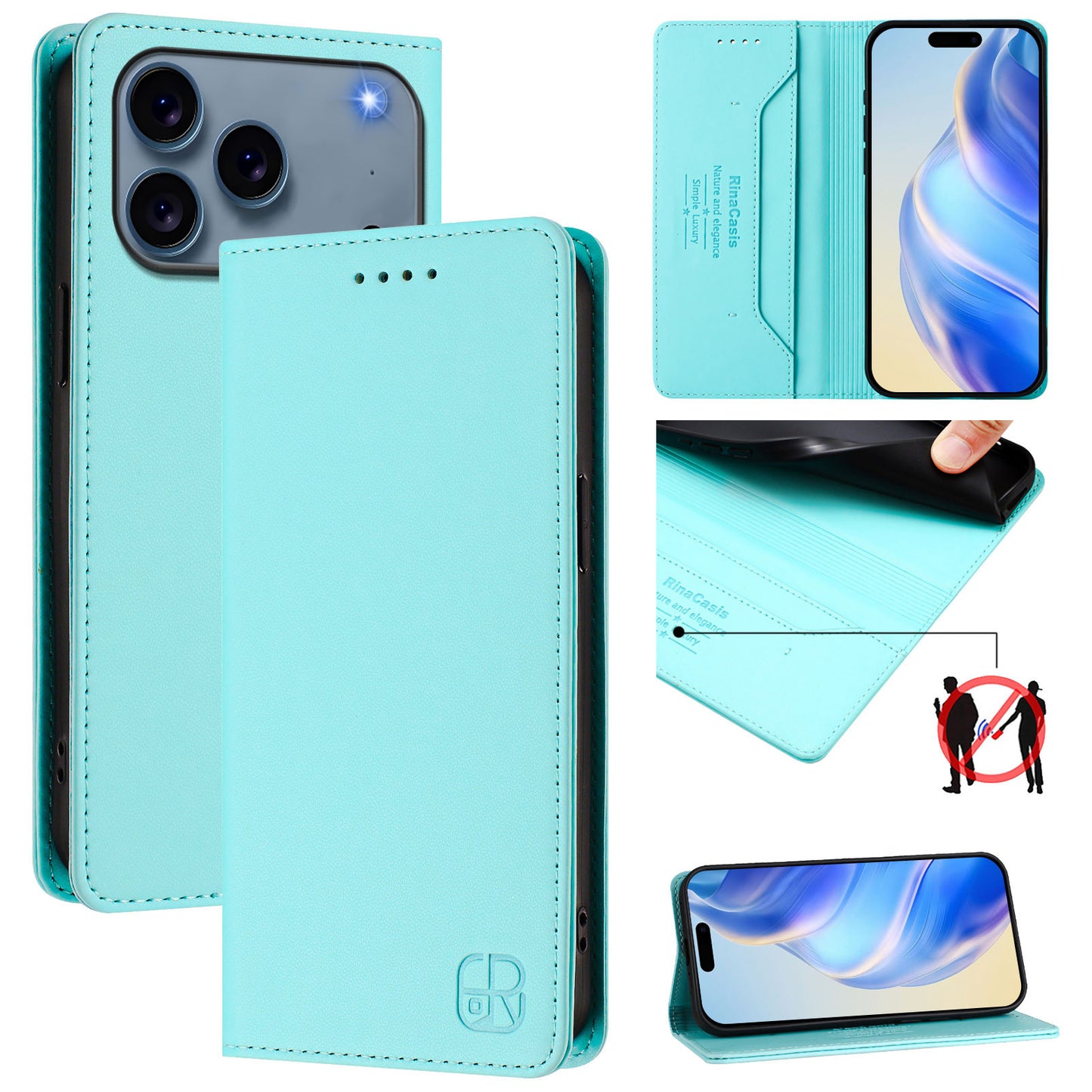 For iPhone 17 Pro Max Leather Case RINACASIS RC01 Phone Cover with RFID Blocking Wallet Stand - Mint Green