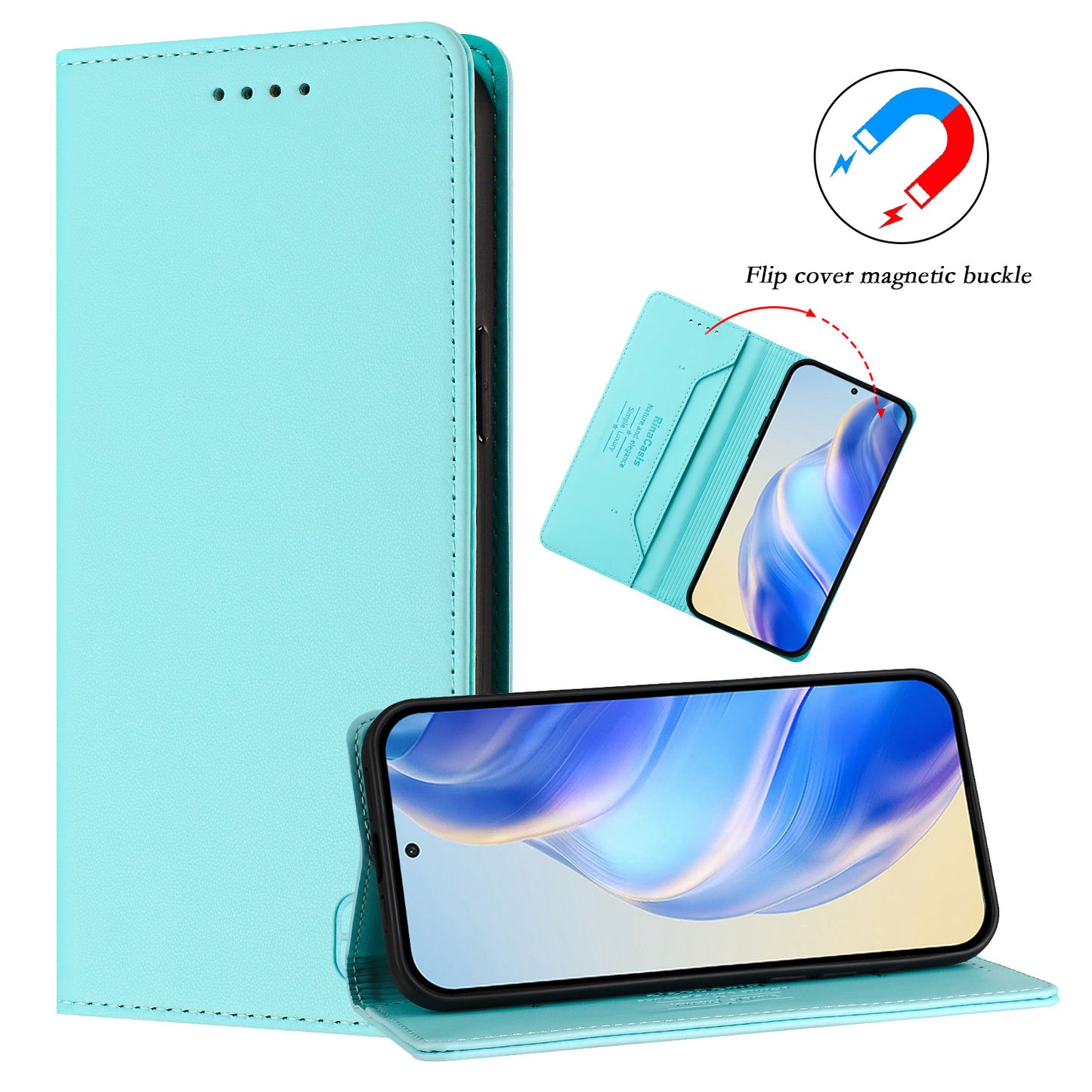 For iPhone 17 Pro Max Leather Case RINACASIS RC01 Phone Cover with RFID Blocking Wallet Stand - Mint Green