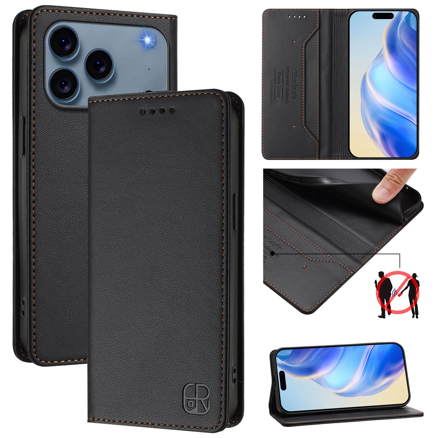 For iPhone 17 Pro Max Leather Case RINACASIS RC01 Phone Cover with RFID Blocking Wallet Stand - Black