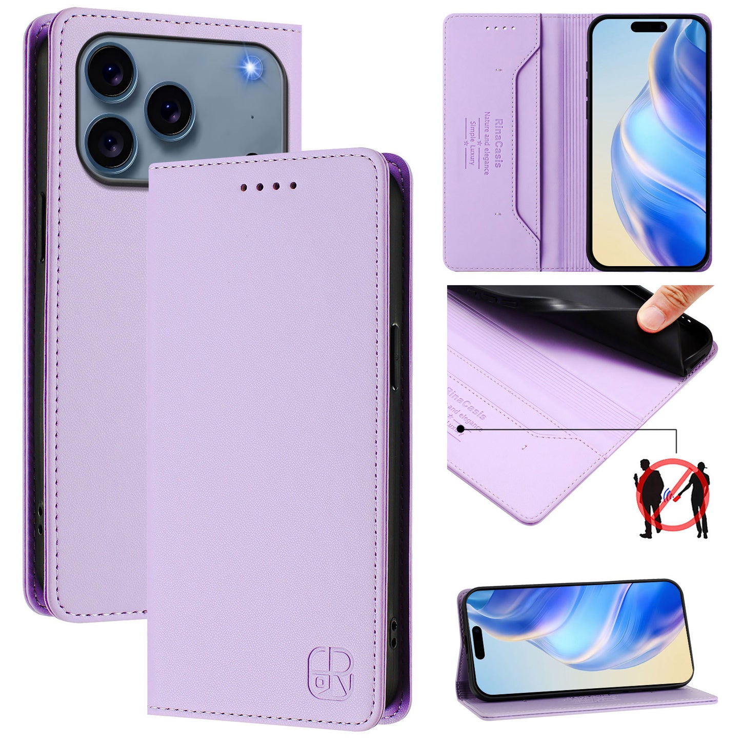 For iPhone 17 Pro Max Leather Case RINACASIS RC01 Phone Cover with RFID Blocking Wallet Stand - Light Purple