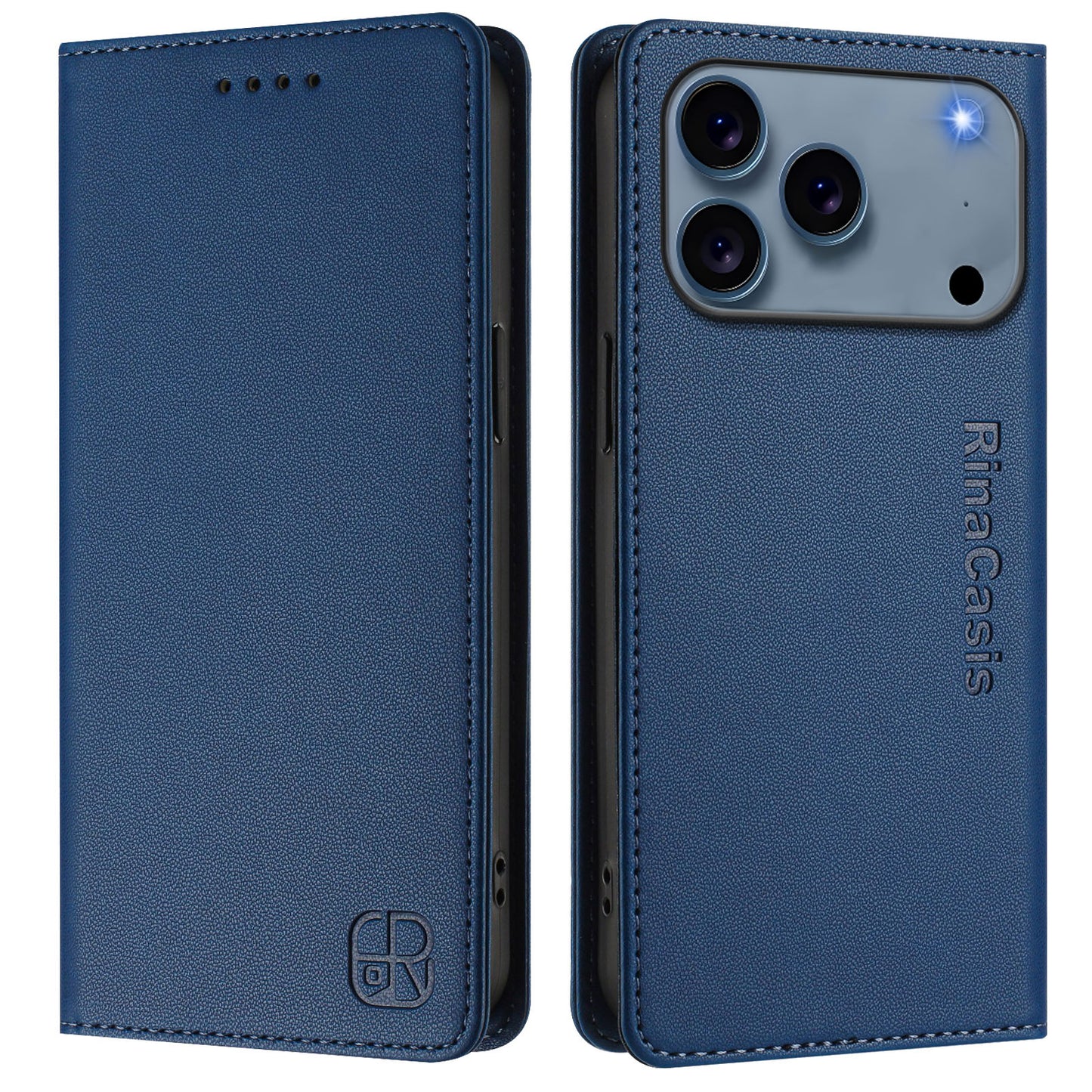 For iPhone 17 Pro Max Leather Case RINACASIS RC01 Phone Cover with RFID Blocking Wallet Stand - Dark Blue