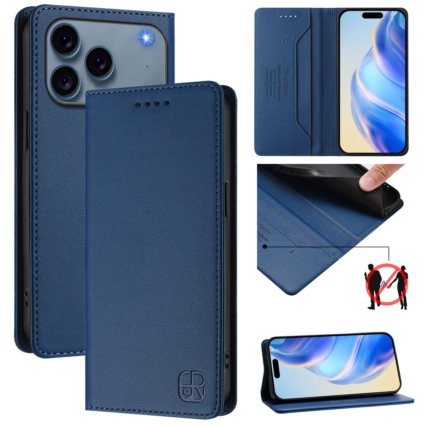 For iPhone 17 Pro Max Leather Case RINACASIS RC01 Phone Cover with RFID Blocking Wallet Stand - Dark Blue