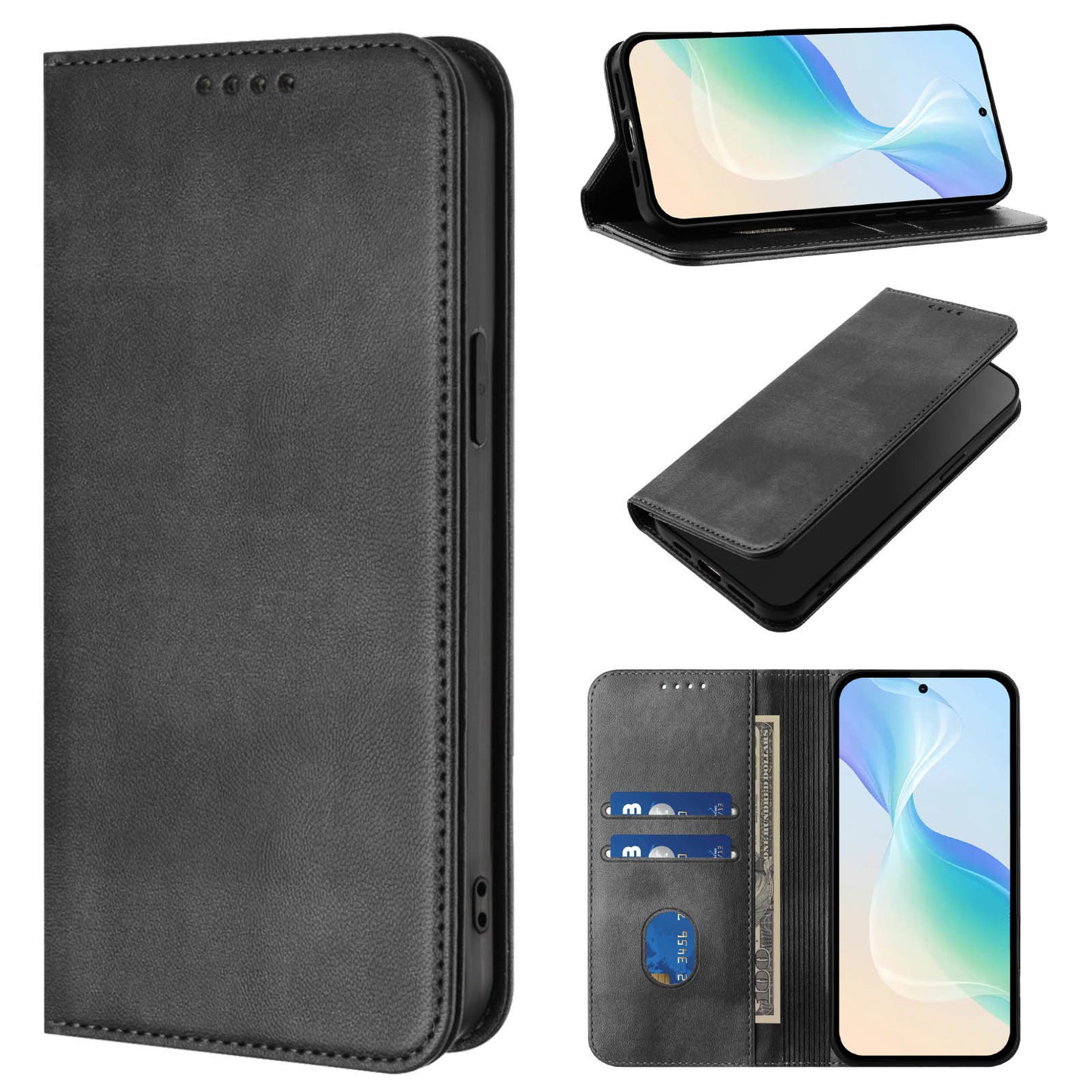 For iPhone 17 Pro Max Wallet Cases Retro Texture RFID Blocking Leather Phone Cover - Black