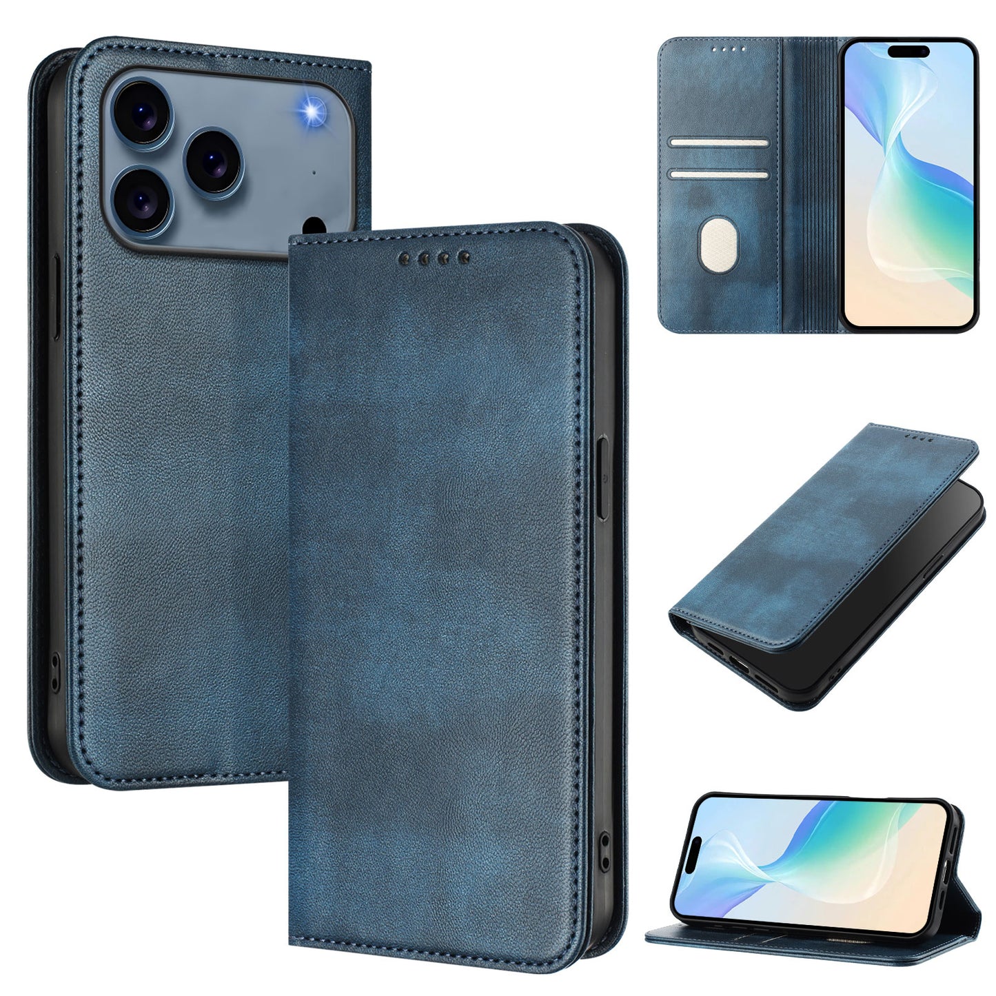 For iPhone 17 Pro Max Wallet Cases Retro Texture RFID Blocking Leather Phone Cover - Blue