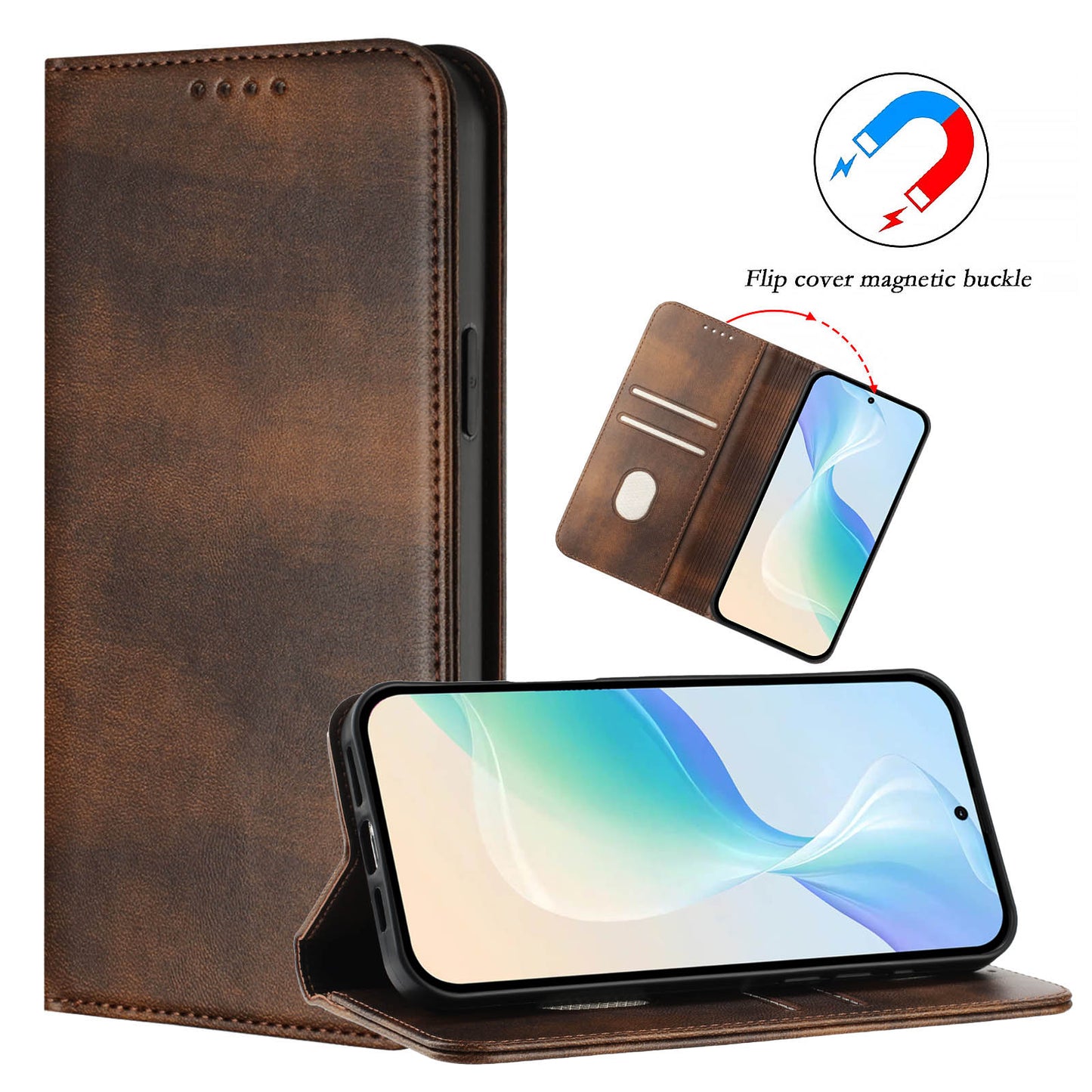 For iPhone 17 Pro Max Wallet Cases Retro Texture RFID Blocking Leather Phone Cover - Brown