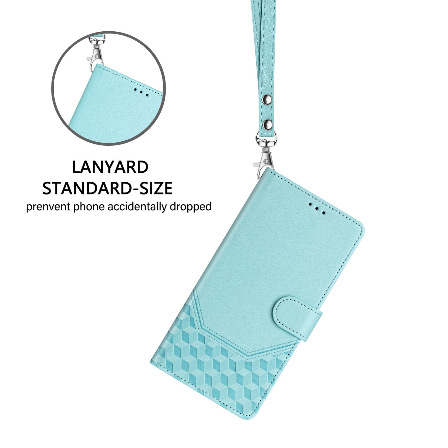 For iPhone 17 Pro Max Case Imprinted Honeycomb RFID Blocking Leather Phone Cover with Strap - Mint Green