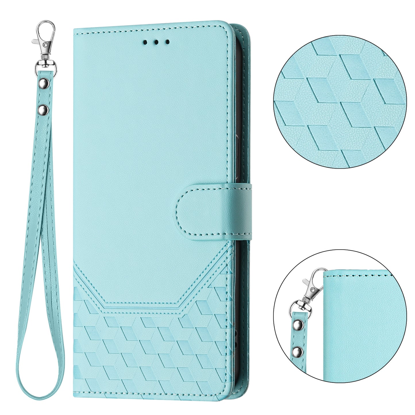 For iPhone 17 Pro Max Case Imprinted Honeycomb RFID Blocking Leather Phone Cover with Strap - Mint Green