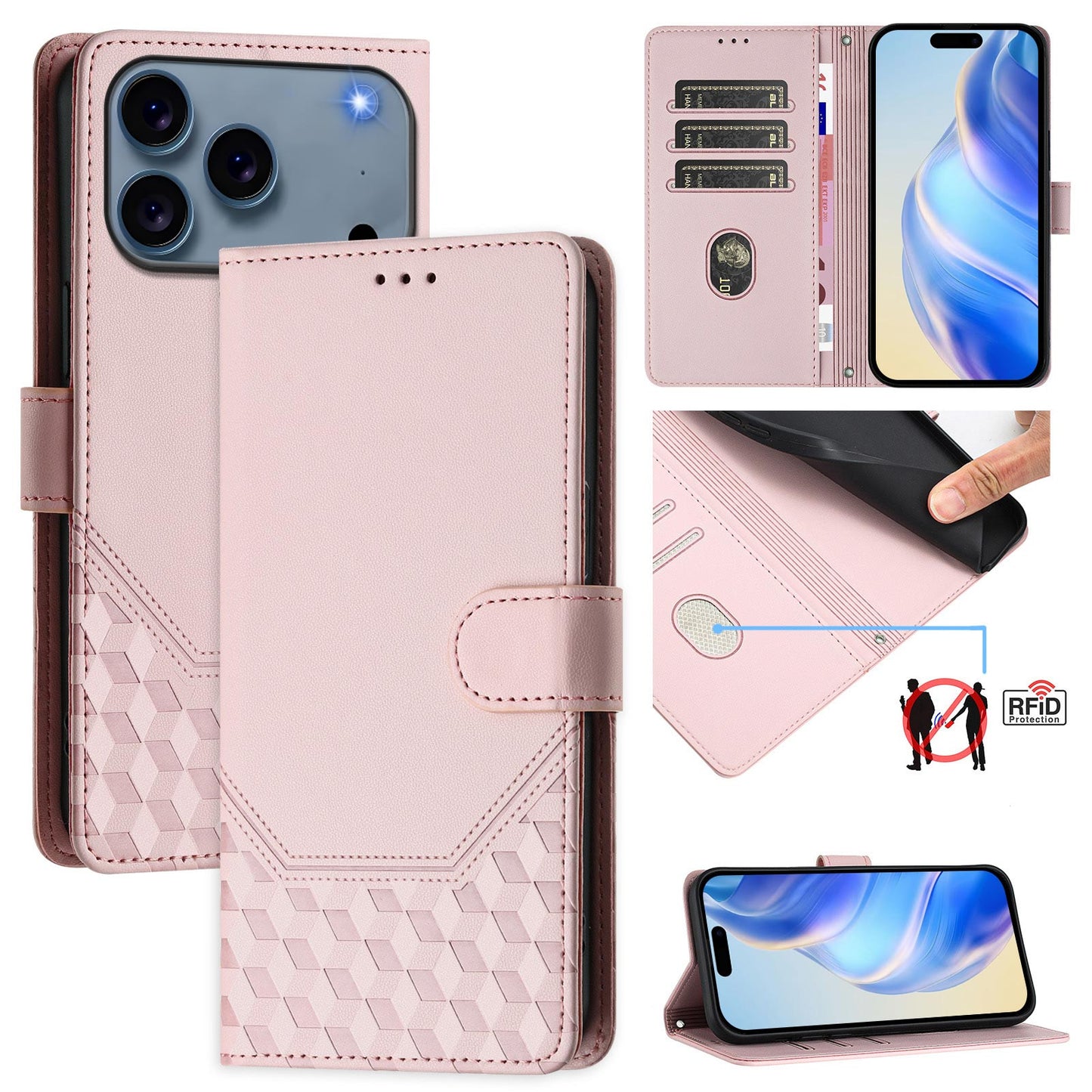 For iPhone 17 Pro Max Case Imprinted Honeycomb RFID Blocking Leather Phone Cover with Strap - Pink