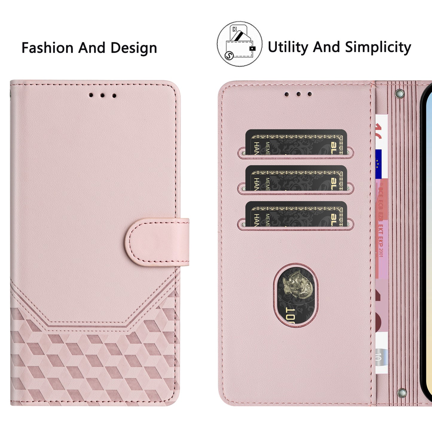 For iPhone 17 Pro Max Case Imprinted Honeycomb RFID Blocking Leather Phone Cover with Strap - Pink