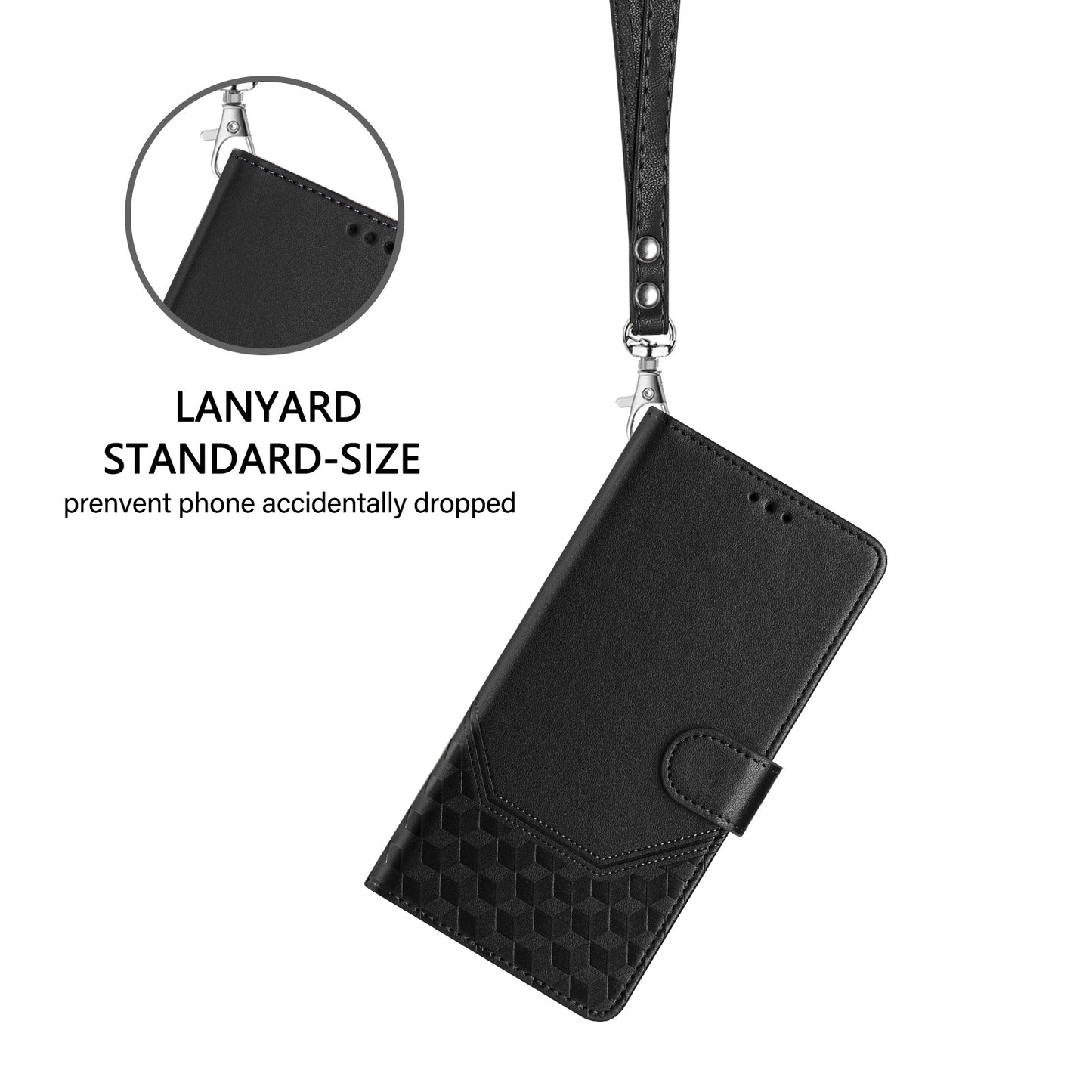 For iPhone 17 Pro Max Case Imprinted Honeycomb RFID Blocking Leather Phone Cover with Strap - Black